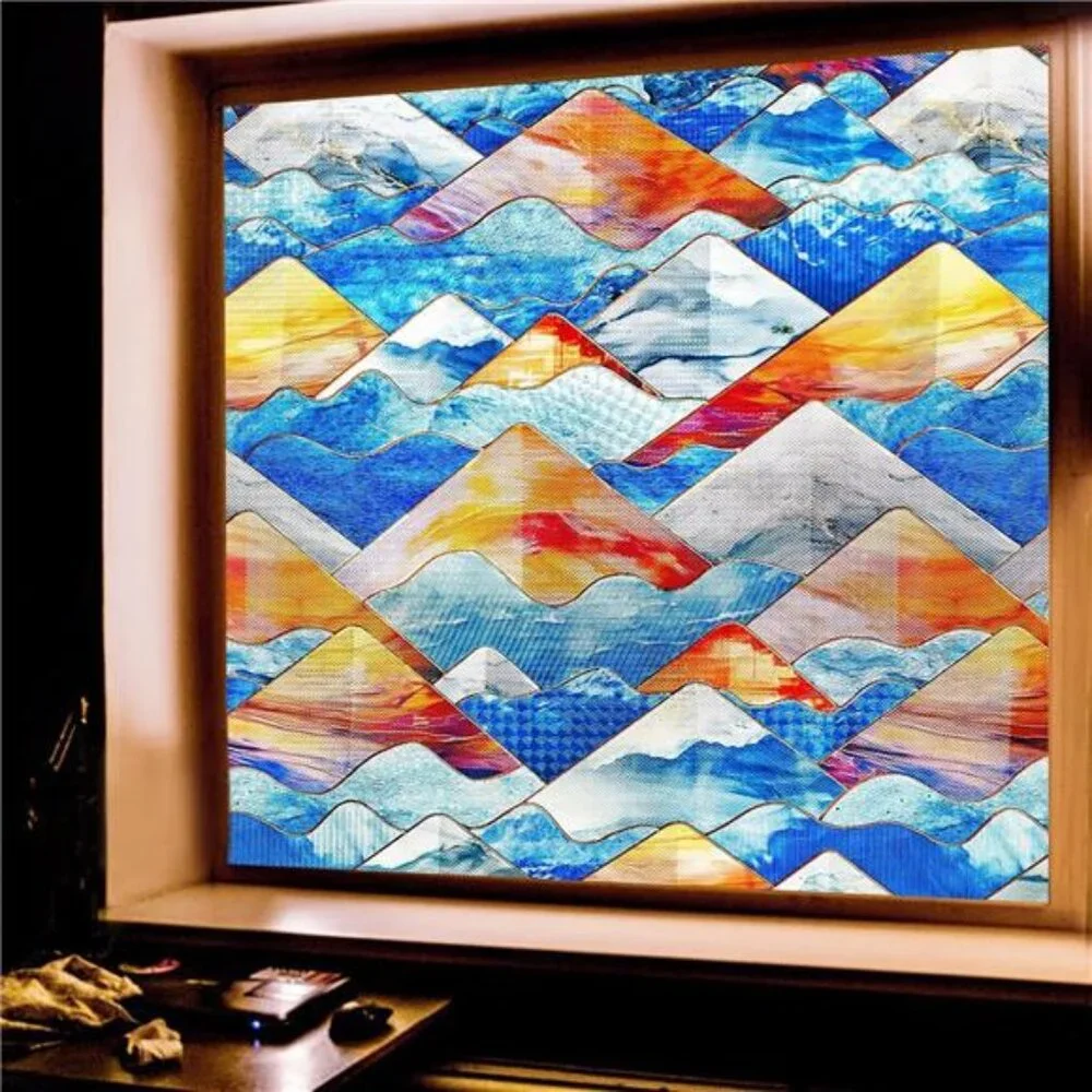 Window Privacy Film Stained GlassPeel and Stick, Mountains, 17.5 x 118 inches
